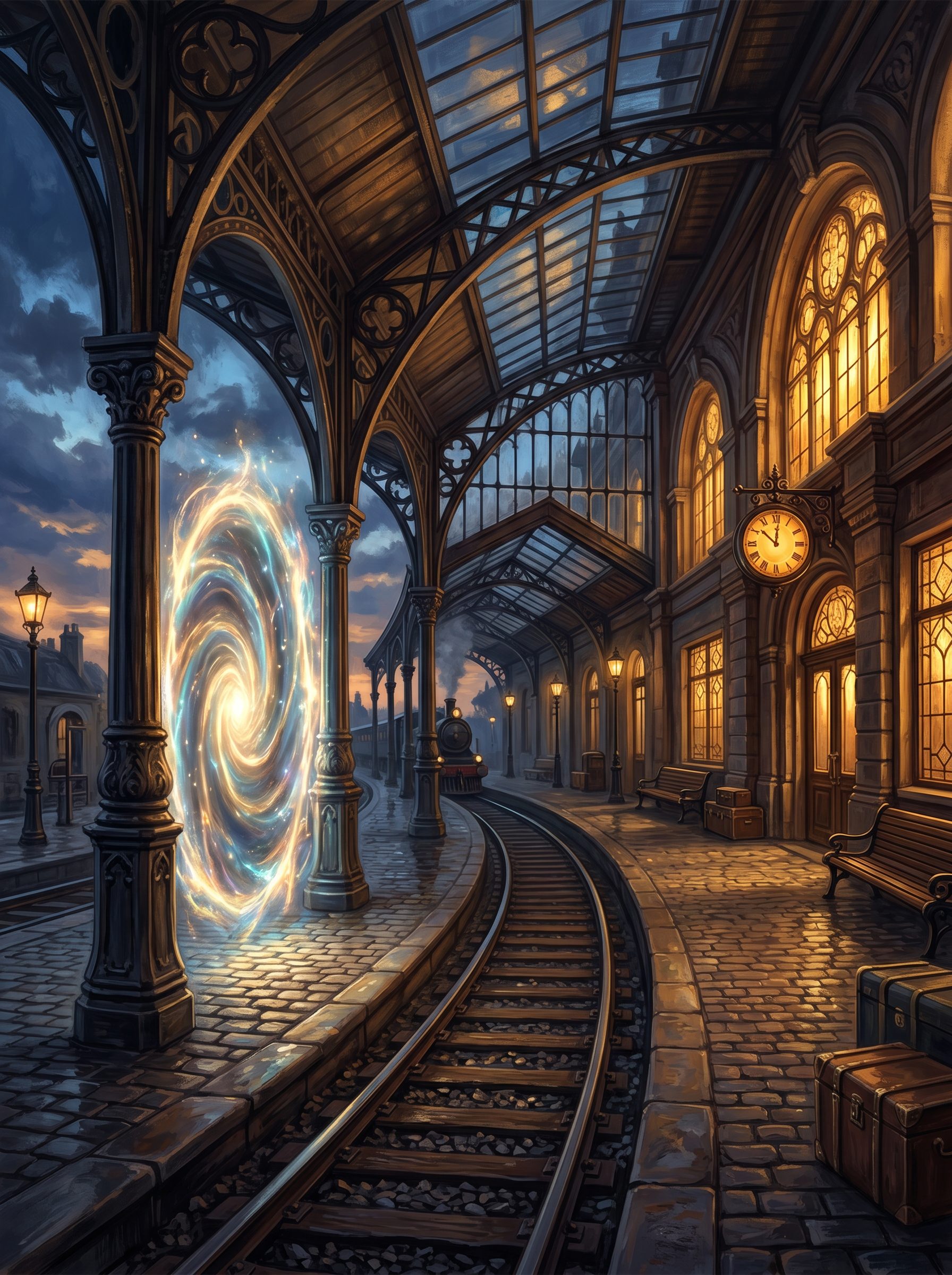 The Last Fast Train to the Past — portal in a train station at dusk
